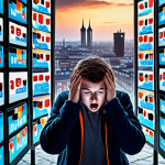 A person looking overwhelmed and stressed while surrounded by multiple glowing smartphone screens displaying social media feeds and notifications. The scene should convey a sense of digital overload and the desire for a break from technology. German cityscape in the background.