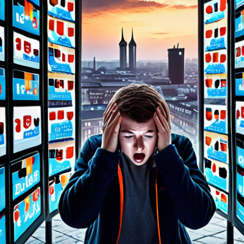 A person looking overwhelmed and stressed while surrounded by multiple glowing smartphone screens displaying social media feeds and notifications. The scene should convey a sense of digital overload and the desire for a break from technology. German cityscape in the background.
