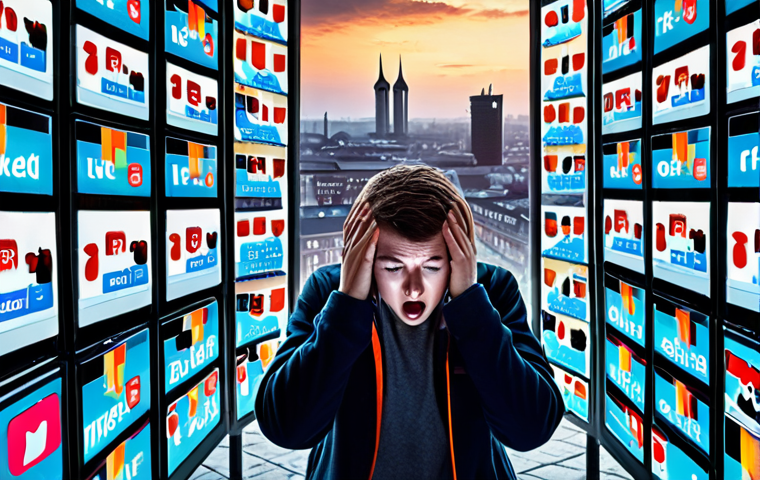 A person looking overwhelmed and stressed while surrounded by multiple glowing smartphone screens displaying social media feeds and notifications. The scene should convey a sense of digital overload and the desire for a break from technology. German cityscape in the background.