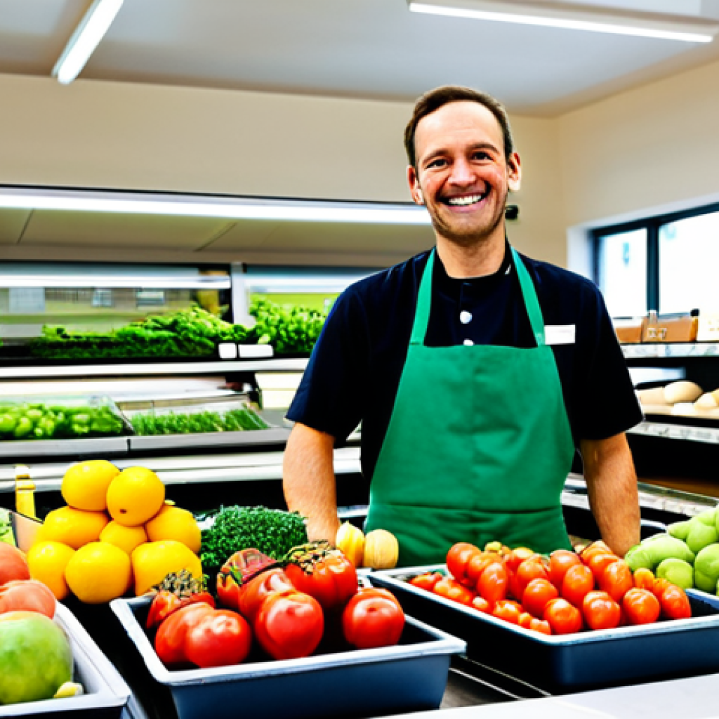 Bio-Supermarkt mit Kochkurs**

"A bright and inviting local organic supermarket, fully stocked with fresh produce. In the background, a cooking class is in session, participants wearing aprons and smiling, learning from a chef. The scene should convey health, community, and well-being. Fully clothed, appropriate attire, safe for work, perfect anatomy, natural proportions, professional photography, family-friendly."

**