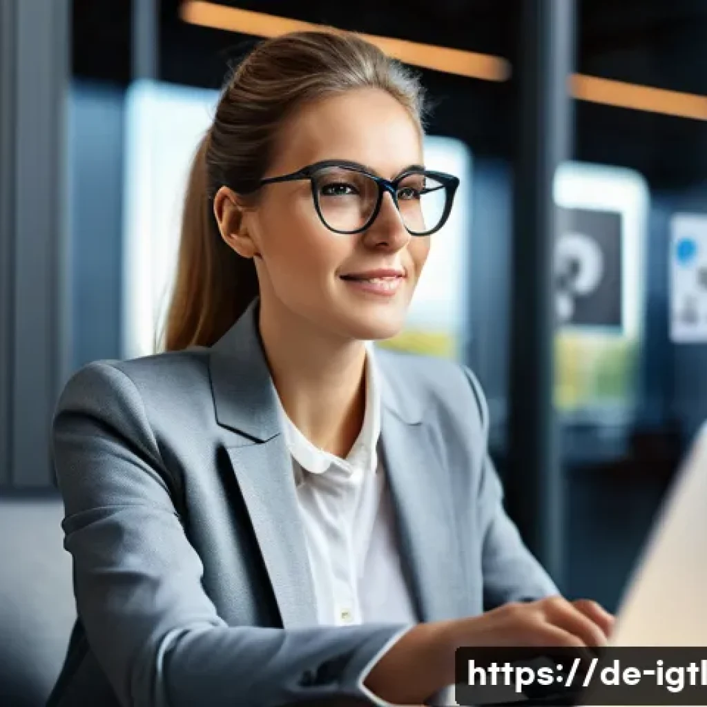디지털 컴패니언십을 통한 네트워크 구축 - A professional German businesswoman actively engaging on LinkedIn from a modern office environment, ...