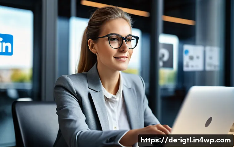 디지털 컴패니언십을 통한 네트워크 구축 - A professional German businesswoman actively engaging on LinkedIn from a modern office environment, ...