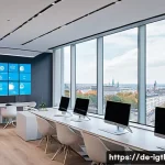 디지털 컴패니언십의 고객 응대 시스템 - A modern customer service center in Germany featuring a sleek, high-tech office environment with mul...