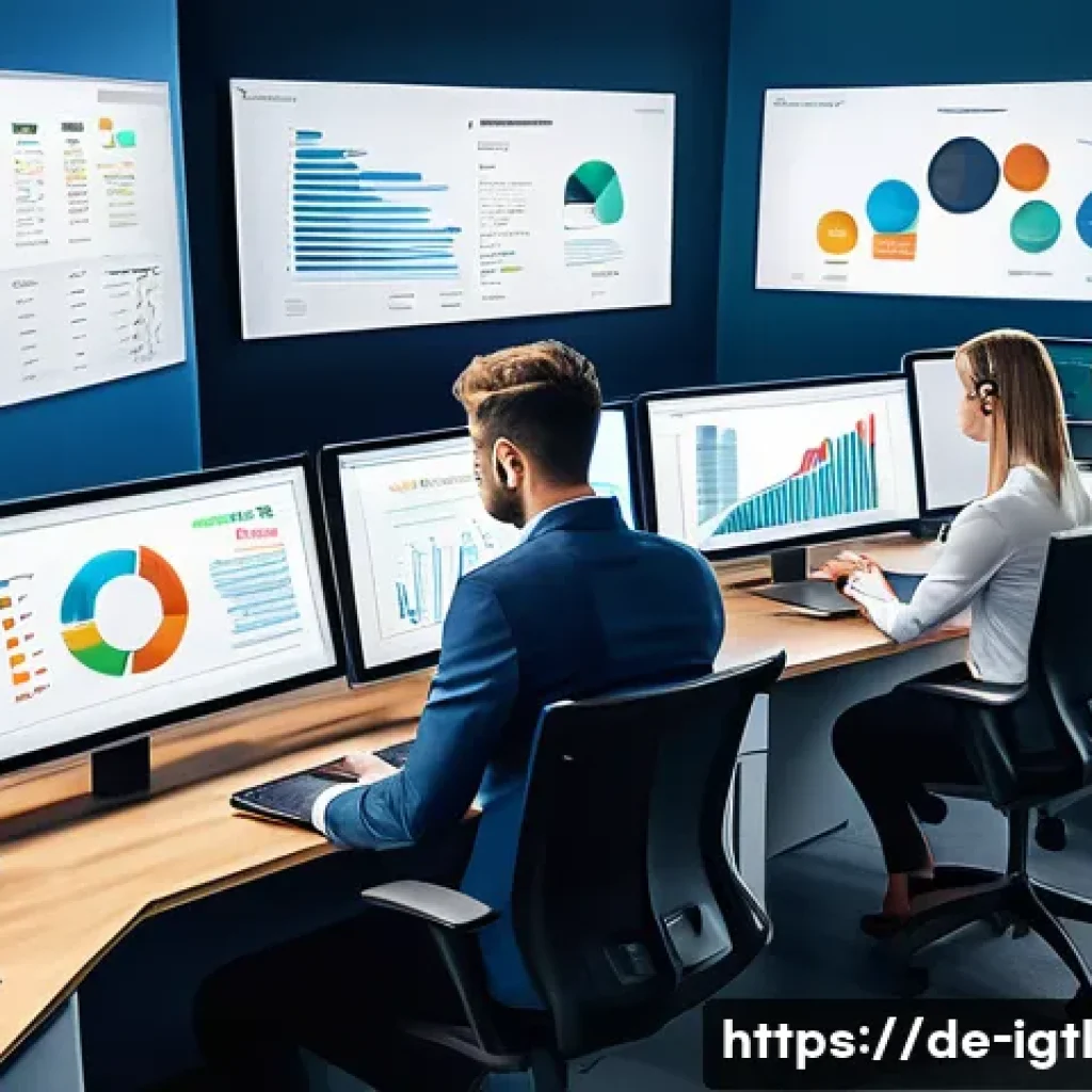 디지털 컴패니언십을 통한 고객 세분화 전략 - A modern German office environment showing a diverse team of data analysts working collaboratively o...