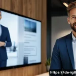디지털 컴패니언십을 통한 브랜드 구축 전략 - A professional German brand manager engaging authentically with customers in a modern office setting...