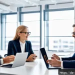 디지털 컴패니언십의 효과적인 채널 관리 - A modern German office environment showcasing a diverse team of professionals collaborating on omnic...