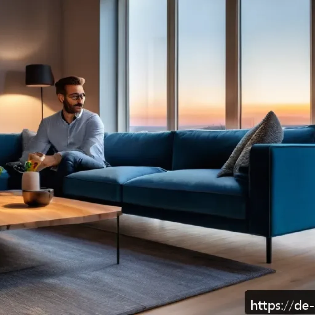 디지털 컴패니언십을 위한 스킬셋 - A modern smart home living room scene in Berlin at dusk, featuring a sleek smart speaker on a wooden...