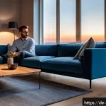 디지털 컴패니언십을 위한 스킬셋 - A modern smart home living room scene in Berlin at dusk, featuring a sleek smart speaker on a wooden...