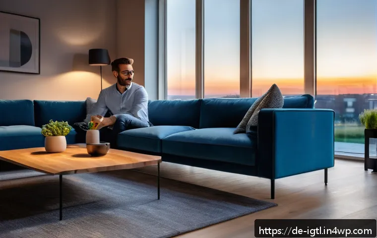디지털 컴패니언십을 위한 스킬셋 - A modern smart home living room scene in Berlin at dusk, featuring a sleek smart speaker on a wooden...