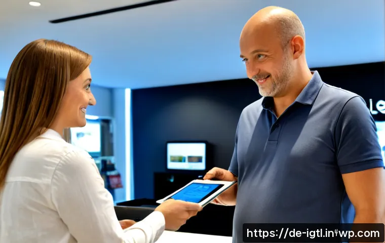 디지털 컴패니언십을 통한 고객 경험 향상 - Photorealistic modern German retail service desk, a friendly middle-aged customer wearing casual sma...